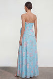Strapless Blue A-Line 3D Flower Ruffled Floral Dress with Slit