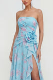 Strapless Blue A-Line 3D Flower Ruffled Floral Dress with Slit