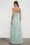 Strapless Blue A-Line 3D Flower Ruffled Floral Dress with Slit