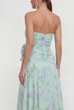 Strapless Blue A-Line 3D Flower Ruffled Floral Dress with Slit