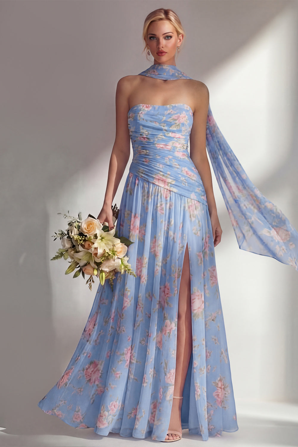 ZAPAKA Women Chiffon Yellow Pink Flower Bridesmaid Dress with Slit Printed Ruched Strapless Long Wedding Guest Dress with Neck Scarf, Blue Pink Flower ZAPAKA Women Chiffon Yellow Pink Flower Bridesmaid Dress with Slit Printed Ruched Strapless Long Wedding Guest Dress with Neck Scarf, Blue Pink Flower