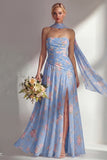 Chiffon Yellow Pink Flower Printed Ruched Strapless Long Bridesmaid Dress with Slit
