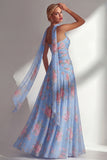 Chiffon Yellow Pink Flower Printed Ruched Strapless Long Bridesmaid Dress with Slit