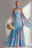 Chiffon Yellow Pink Flower Printed Ruched Strapless Long Bridesmaid Dress with Slit