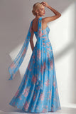 Chiffon Yellow Pink Flower Printed Ruched Strapless Long Bridesmaid Dress with Slit