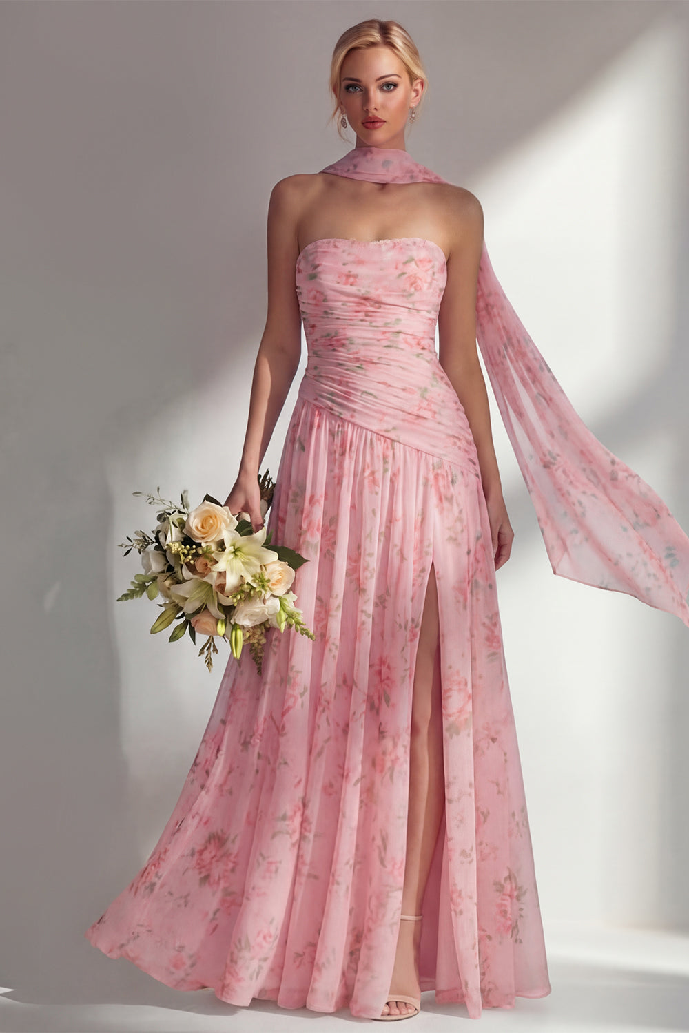 ZAPAKA Women Chiffon Yellow Pink Flower Bridesmaid Dress with Slit Printed Ruched Strapless Long Wedding Guest Dress with Neck Scarf, Pink Red Flower ZAPAKA Women Chiffon Yellow Pink Flower Bridesmaid Dress with Slit Printed Ruched Strapless Long Wedding Guest Dress with Neck Scarf, Pink Red Flower