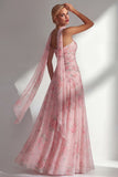 Chiffon Yellow Pink Flower Printed Ruched Strapless Long Bridesmaid Dress with Slit