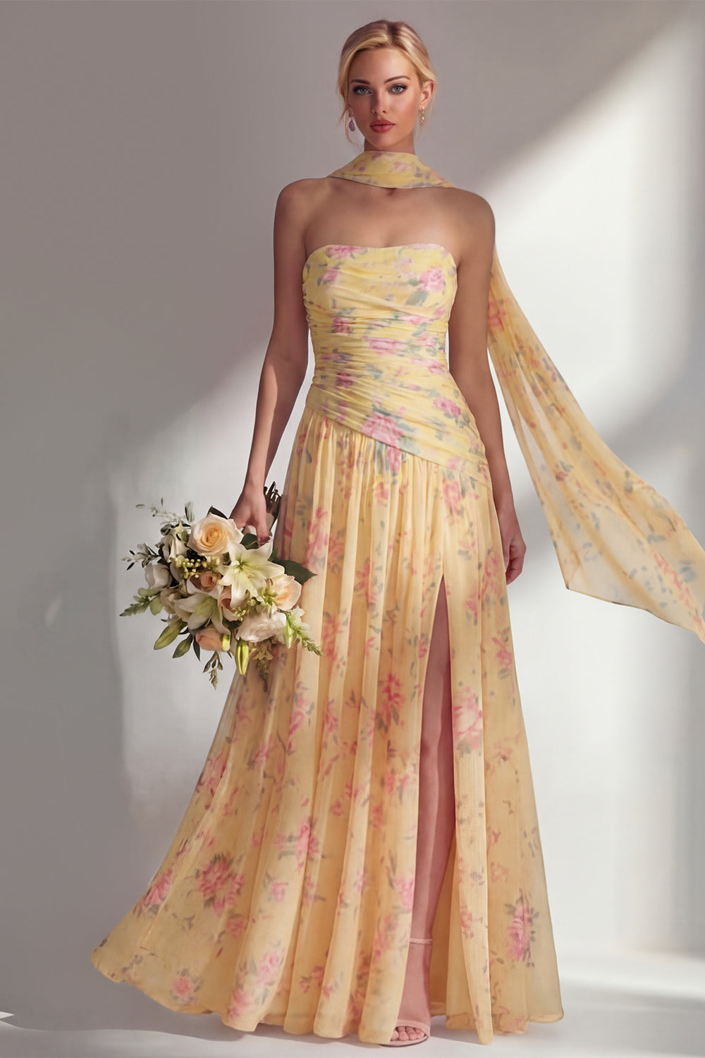 ZAPAKA Women Chiffon Yellow Pink Flower Bridesmaid Dress with Slit Printed Ruched Strapless Long Wedding Guest Dress with Neck Scarf, Yellow Pink ZAPAKA Women Chiffon Yellow Pink Flower Bridesmaid Dress with Slit Printed Ruched Strapless Long Wedding Guest Dress with Neck Scarf, Yellow Pink