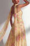 Chiffon Yellow Pink Flower Printed Ruched Strapless Long Bridesmaid Dress with Slit