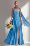 Butter Yellow Chiffon Strapless Ruched Sheath Long Bridesmaid Dress with Slit