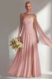 Butter Yellow Chiffon Strapless Ruched Sheath Long Bridesmaid Dress with Slit