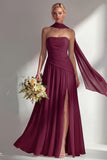 Butter Yellow Chiffon Strapless Ruched Sheath Long Bridesmaid Dress with Slit
