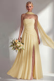 Butter Yellow Chiffon Strapless Ruched Sheath Long Bridesmaid Dress with Slit