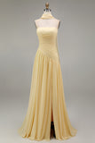Butter Yellow Chiffon Strapless Ruched Sheath Long Bridesmaid Dress with Slit