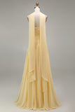 Butter Yellow Chiffon Strapless Ruched Sheath Long Bridesmaid Dress with Slit