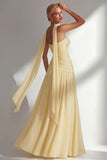 Butter Yellow Chiffon Strapless Ruched Sheath Long Bridesmaid Dress with Slit