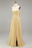 Butter Yellow Chiffon Strapless Ruched Sheath Long Bridesmaid Dress with Slit