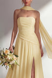 Butter Yellow Chiffon Strapless Ruched Sheath Long Bridesmaid Dress with Slit