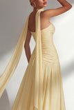 Butter Yellow Chiffon Strapless Ruched Sheath Long Bridesmaid Dress with Slit