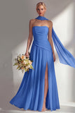 Butter Yellow Chiffon Strapless Ruched Sheath Long Bridesmaid Dress with Slit