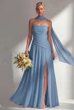 Butter Yellow Chiffon Strapless Ruched Sheath Long Bridesmaid Dress with Slit