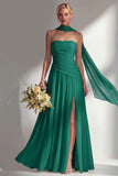 Butter Yellow Chiffon Strapless Ruched Sheath Long Bridesmaid Dress with Slit