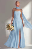 Butter Yellow Chiffon Strapless Ruched Sheath Long Bridesmaid Dress with Slit