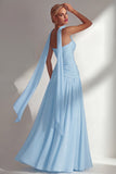 Butter Yellow Chiffon Strapless Ruched Sheath Long Bridesmaid Dress with Slit