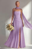 Butter Yellow Chiffon Strapless Ruched Sheath Long Bridesmaid Dress with Slit