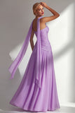 Butter Yellow Chiffon Strapless Ruched Sheath Long Bridesmaid Dress with Slit