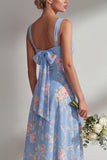 Chiffon Blue Pink Flower One Shoulder Ruched Printed Long Bridesmaid Dress with Slit