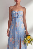 Chiffon Blue Pink Flower One Shoulder Ruched Printed Long Bridesmaid Dress with Slit