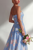Chiffon Blue Pink Flower One Shoulder Ruched Printed Long Bridesmaid Dress with Slit