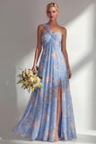 Chiffon Blue Pink Flower One Shoulder Ruched Printed Long Bridesmaid Dress with Slit