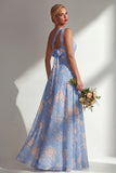 Chiffon Blue Pink Flower One Shoulder Ruched Printed Long Bridesmaid Dress with Slit