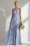 Chiffon Blue Pink Flower One Shoulder Ruched Printed Long Bridesmaid Dress with Slit