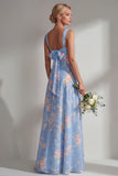 Chiffon Blue Pink Flower One Shoulder Ruched Printed Long Bridesmaid Dress with Slit