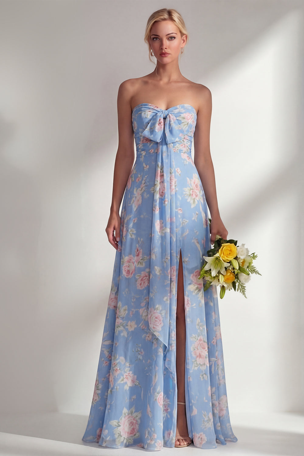 ZAPAKA Women Chiffon Blue Pink Flower Bridesmaid Dress with Slit One Shoulder Ruched Printed Long Wedding Guest Dress with Bow, Pink Red Flower / US2