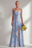 Chiffon Blue Pink Flower One Shoulder Ruched Printed Long Bridesmaid Dress with Slit
