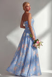 Chiffon Blue Pink Flower One Shoulder Ruched Printed Long Bridesmaid Dress with Slit