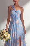 Chiffon Blue Pink Flower One Shoulder Ruched Printed Long Bridesmaid Dress with Slit