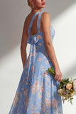 Chiffon Blue Pink Flower One Shoulder Ruched Printed Long Bridesmaid Dress with Slit