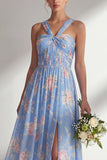 Chiffon Blue Pink Flower One Shoulder Ruched Printed Long Bridesmaid Dress with Slit