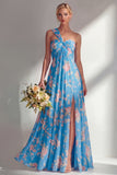 Chiffon Blue Pink Flower One Shoulder Ruched Printed Long Bridesmaid Dress with Slit