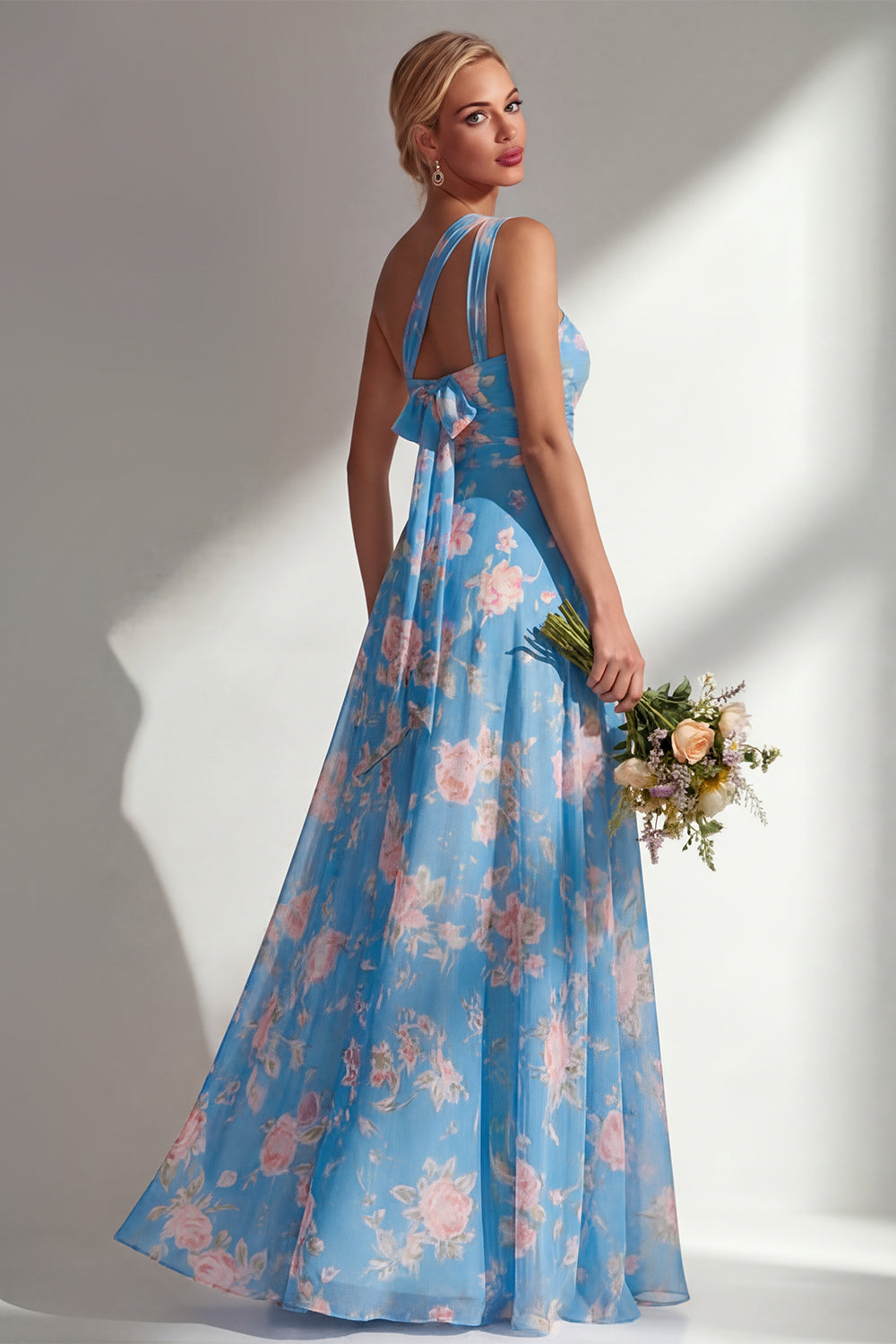 ZAPAKA Women Chiffon Blue Pink Flower Bridesmaid Dress with Slit One Shoulder Ruched Printed Long Wedding Guest Dress with Bow, Blue Red Flower / US14