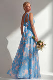 Chiffon Blue Pink Flower One Shoulder Ruched Printed Long Bridesmaid Dress with Slit