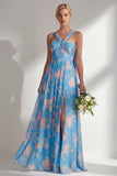 Chiffon Blue Pink Flower One Shoulder Ruched Printed Long Bridesmaid Dress with Slit