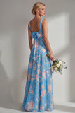 Chiffon Blue Pink Flower One Shoulder Ruched Printed Long Bridesmaid Dress with Slit