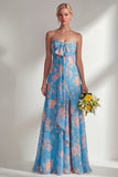Chiffon Blue Pink Flower One Shoulder Ruched Printed Long Bridesmaid Dress with Slit
