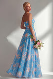Chiffon Blue Pink Flower One Shoulder Ruched Printed Long Bridesmaid Dress with Slit